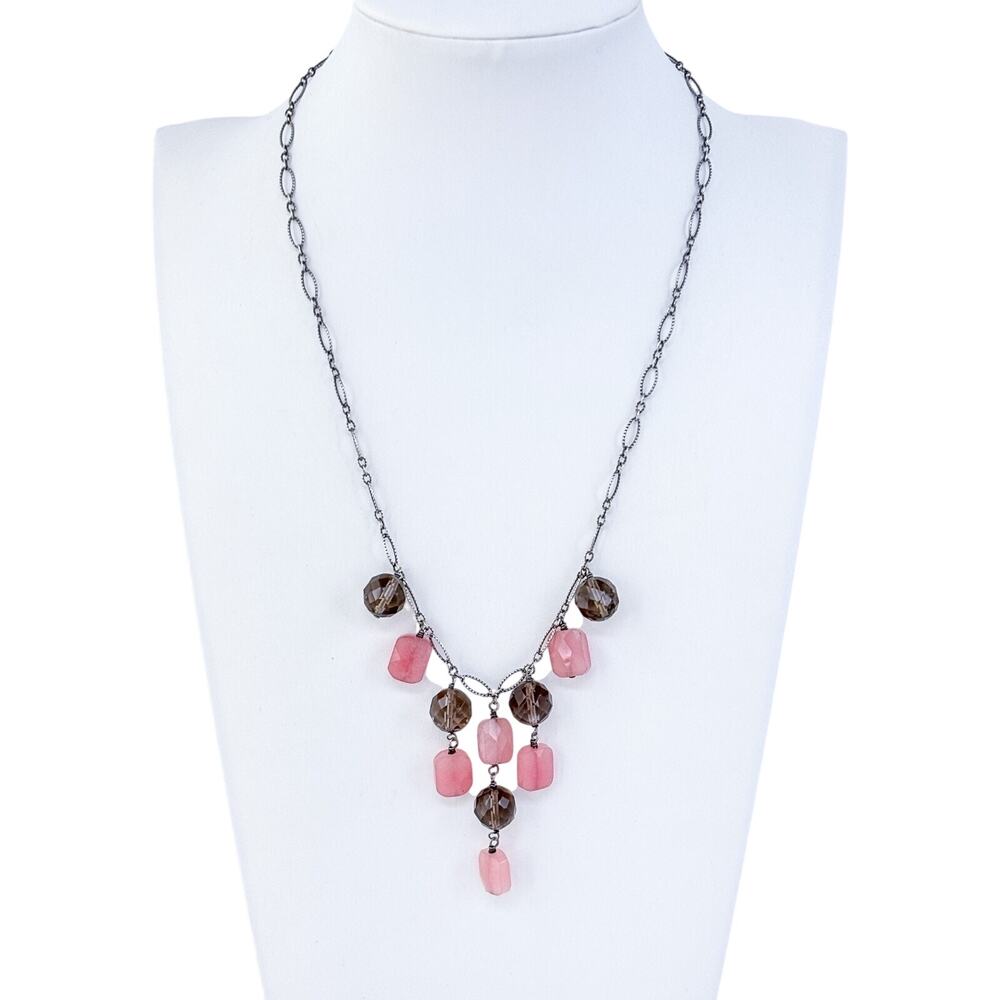 Vintage Sterling Silver 925 Smoky Rose Quartz Dangle Bib Necklace 16"-17"